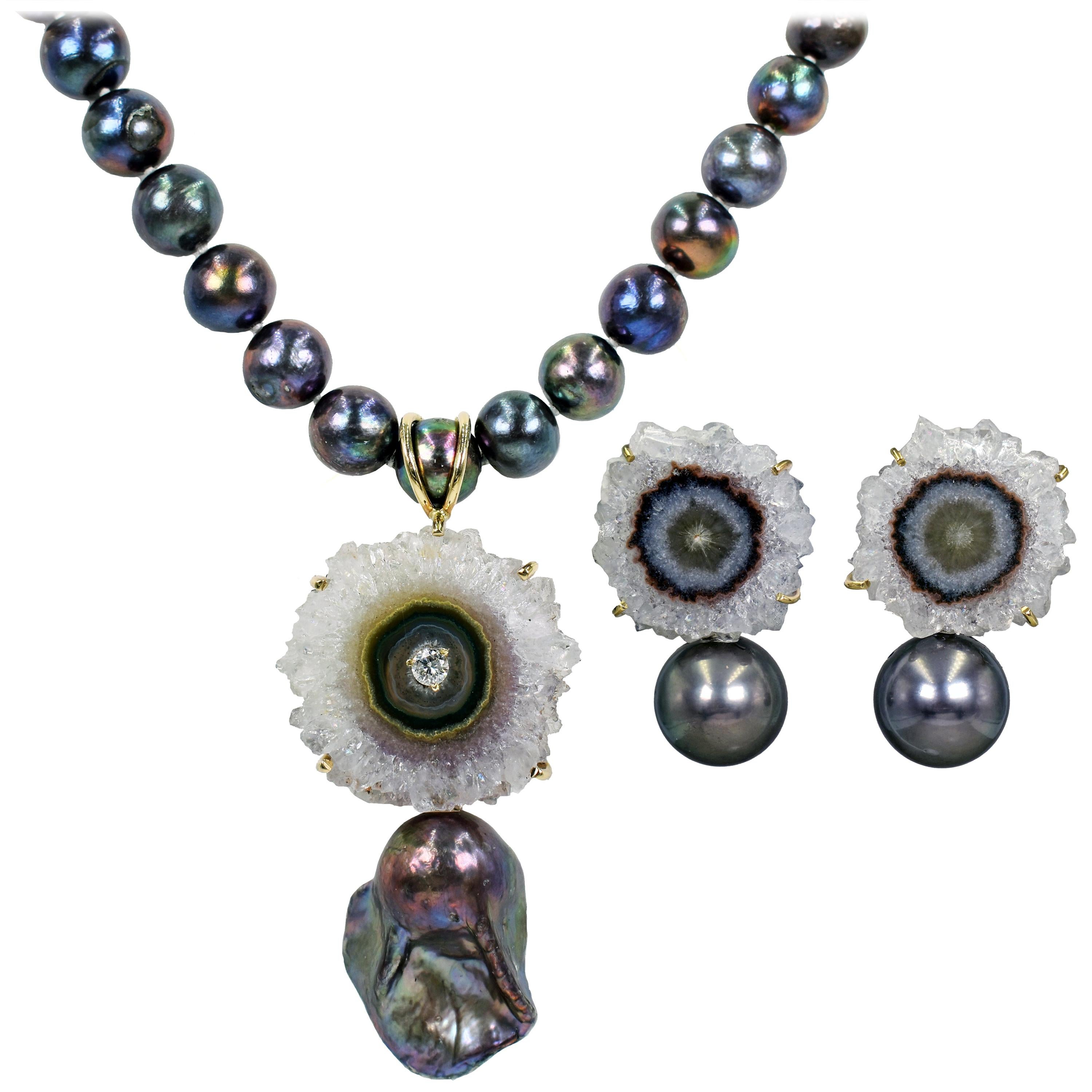 Amethyst Stalactite and Black Pearl Stud Earrings and Pendant Necklace Set For Sale