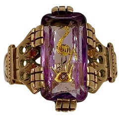 Amethyst Stork Bird Intaglio Ring Antique Victorian 14 Karat Gold Newborn Baby