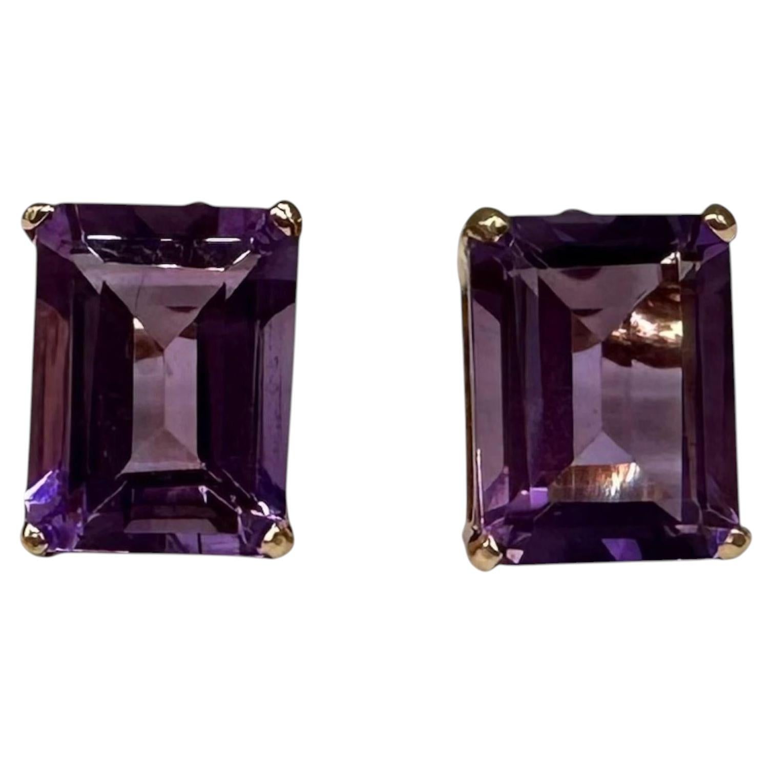 Amethyst Stud Earrings 14kt Yellow Gold 8x6mm Emerald Cut Estate