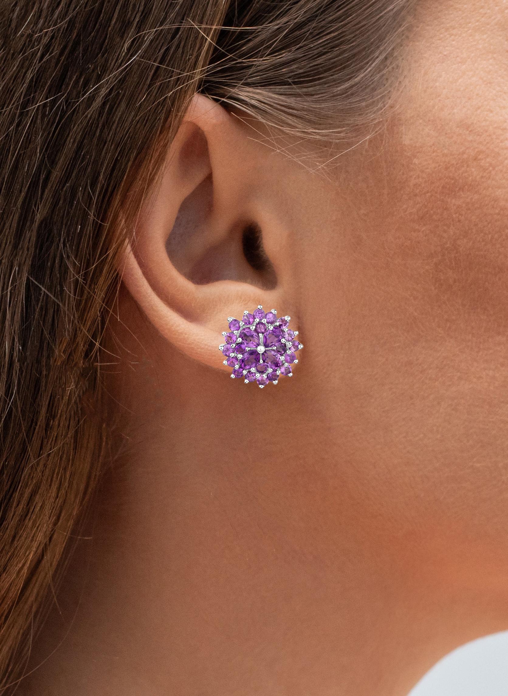 Contemporary Amethyst Stud Earrings 2.40 Carats Rhodium Plated Sterling Silver For Sale