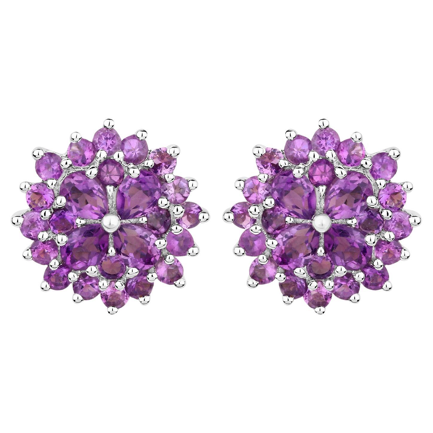 Amethyst Stud Earrings 2.40 Carats Rhodium Plated Sterling Silver For Sale