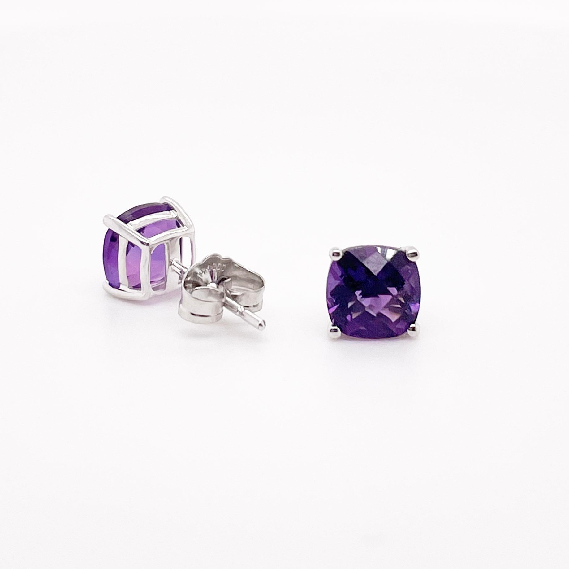 The details for these gorgeous earrings are listed below:
1 Set
Metal Quality: 14K White Gold
Earring Type: Stud
Gemstone: Amethyst
Gemstone Color: Purple
Measurements: 6 mm x 6 mm Cushion Shape
Gemstone Total Carat Weight: 1.50 carats
Post Type: