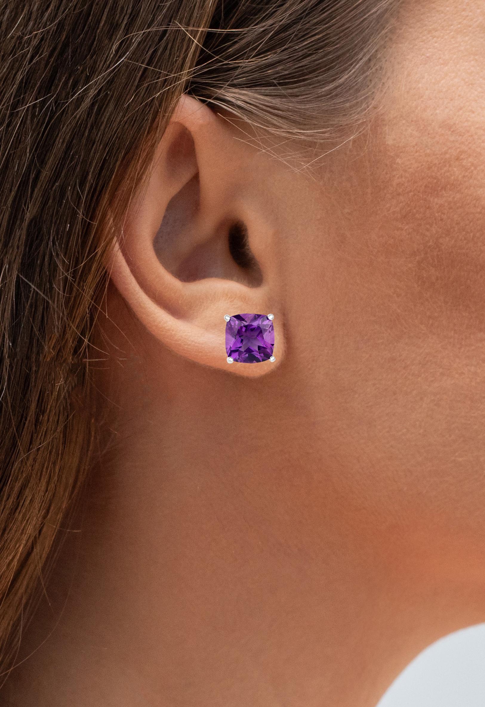 Cushion Cut Amethyst Stud Earrings 5.20 Carats Rhodium Plated Sterling Silver For Sale