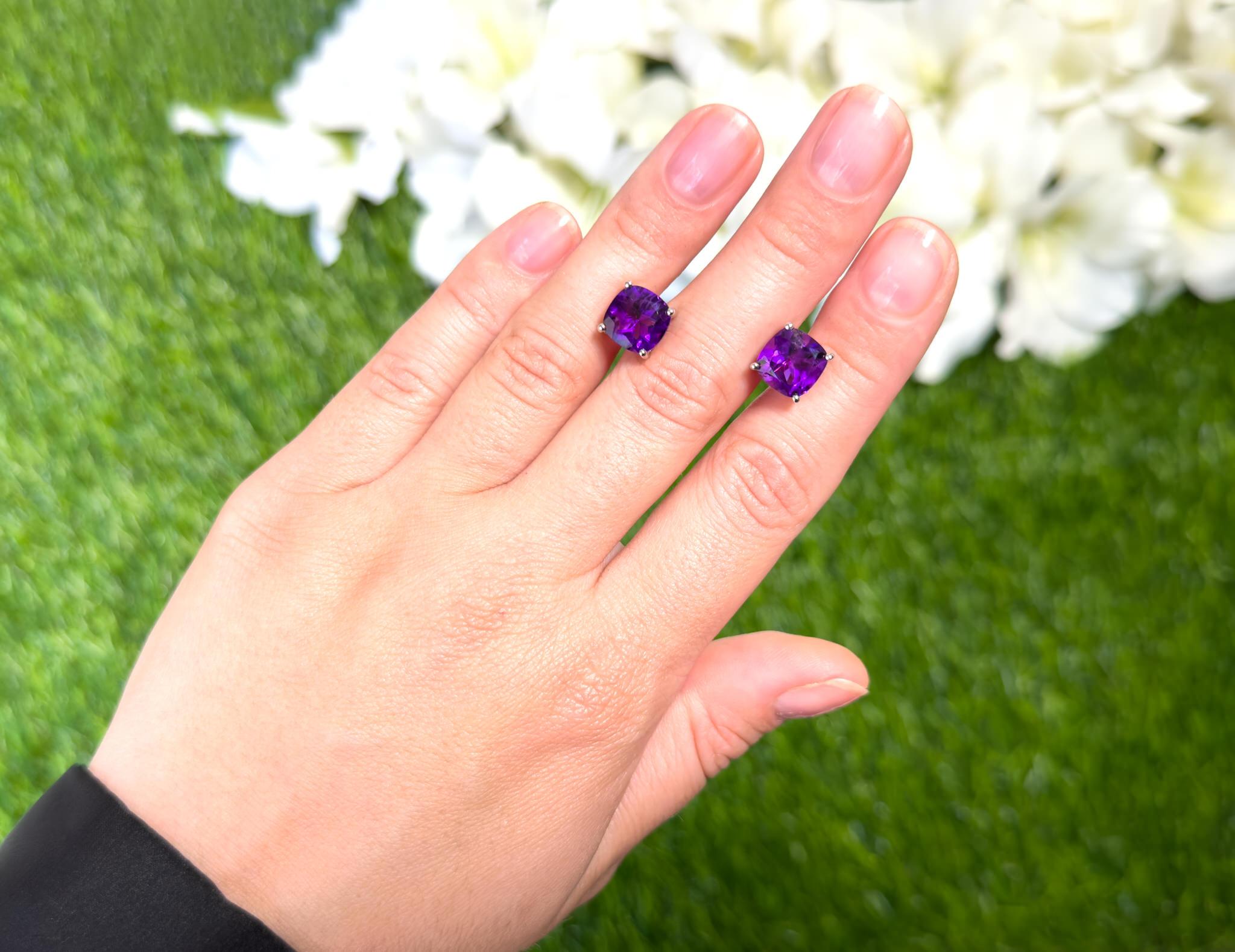 Amethyst Stud Earrings 5.20 Carats Rhodium Plated Sterling Silver In Excellent Condition For Sale In Aliso Viejo, CA