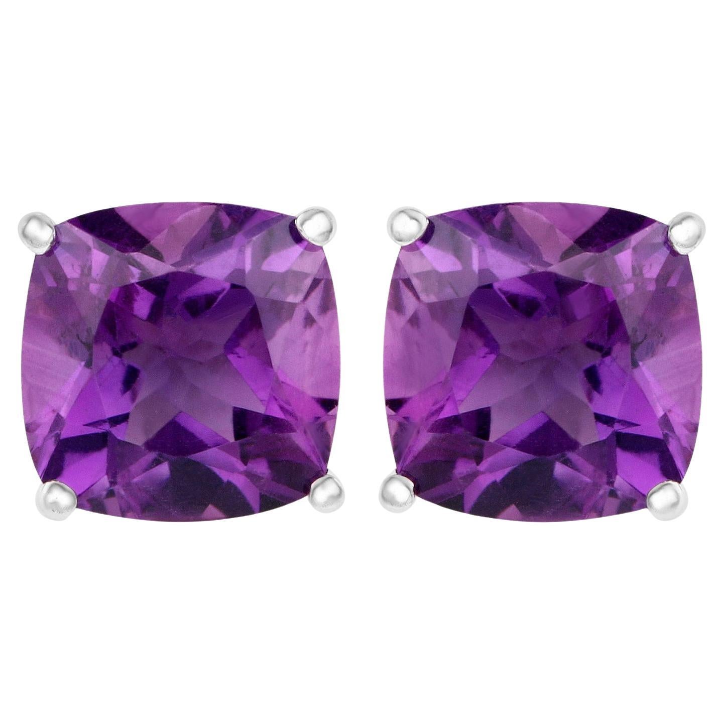 Amethyst Stud Earrings 5.20 Carats Rhodium Plated Sterling Silver For Sale