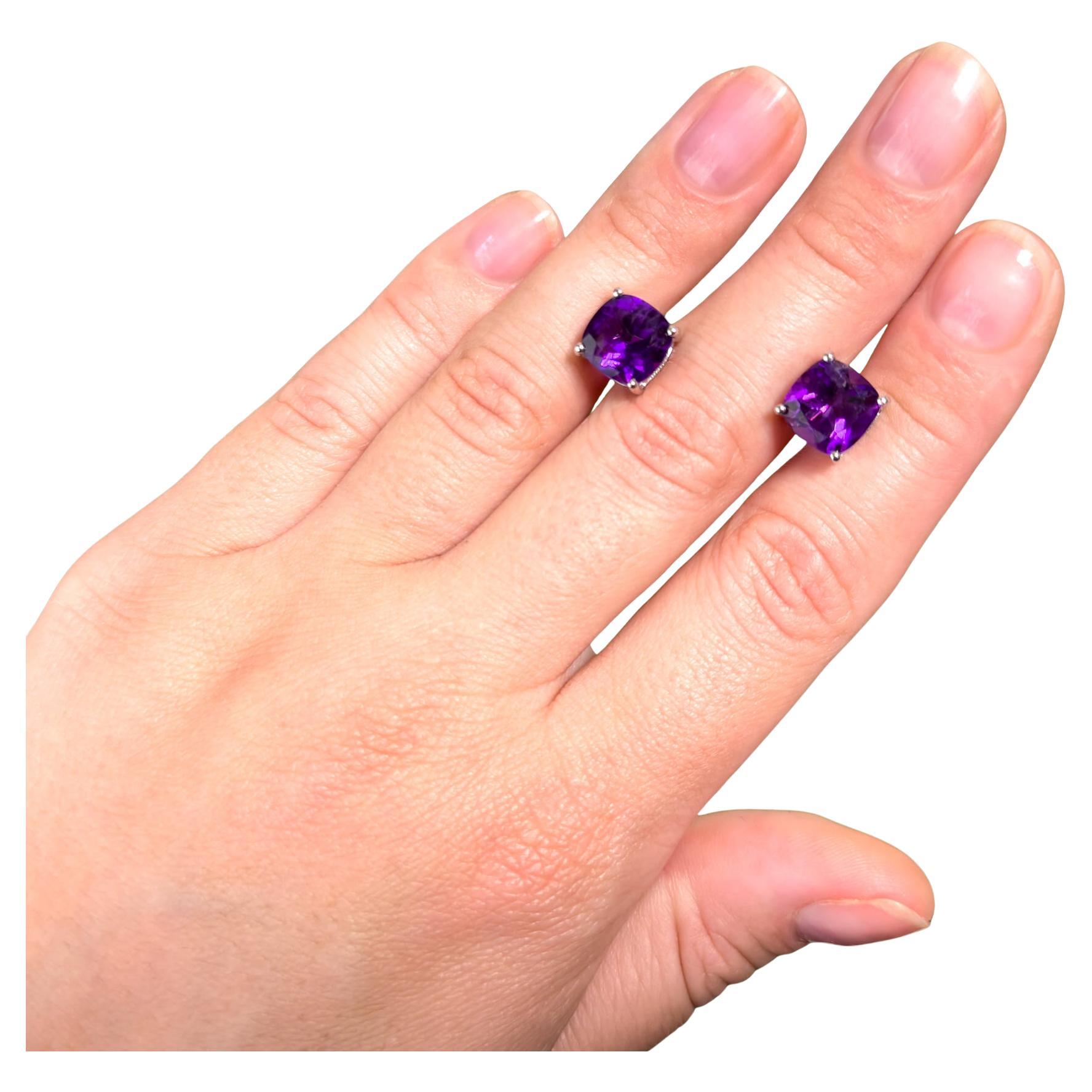 Amethyst Stud Earrings 5.20 Carats Rhodium Plated Sterling Silver For Sale