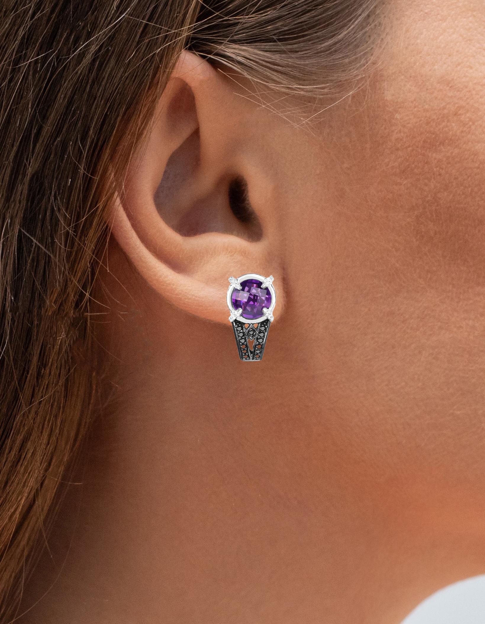 Contemporary Amethyst Stud Earrings With Black and White Diamonds 3.61 Carats Rhodium Plated For Sale