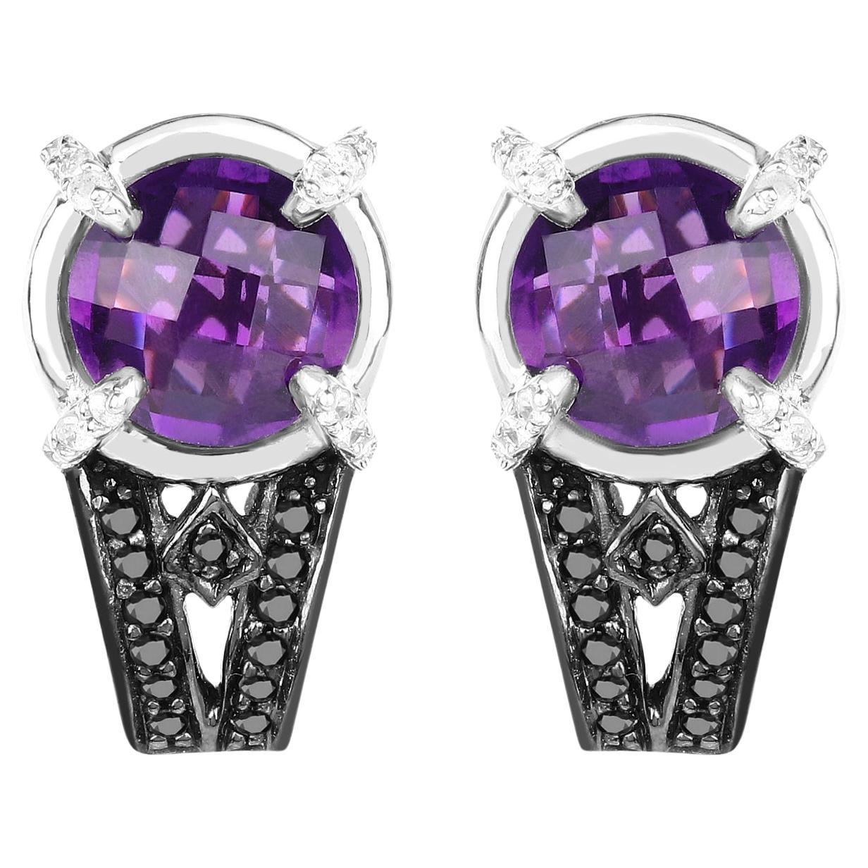 Amethyst Stud Earrings With Black and White Diamonds 3.61 Carats Rhodium Plated For Sale