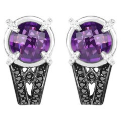 Amethyst Stud Earrings With Black and White Diamonds 3.61 Carats Rhodium Plated