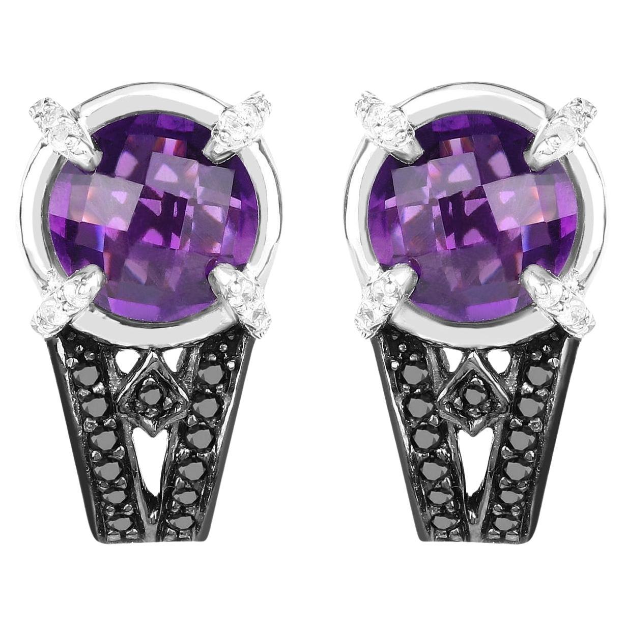 Amethyst Stud Earrings With Black and White Diamonds 3.61 Carats Rhodium Plated