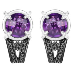 Amethyst Stud Earrings With Black and White Diamonds 3.61 Carats Rhodium Plated