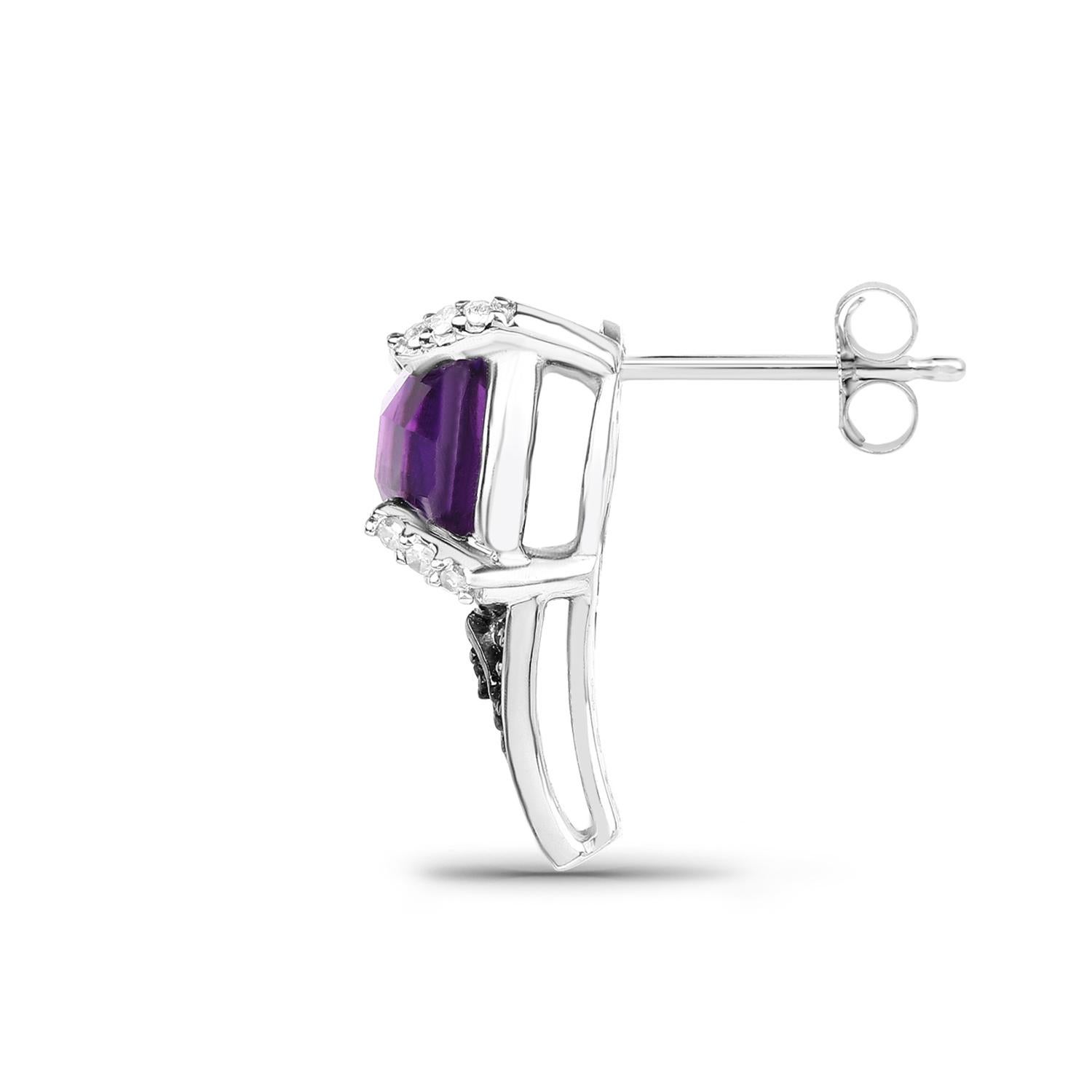 Round Cut Amethyst Stud Earrings With Black and White Diamonds 3.61 Carats Total For Sale