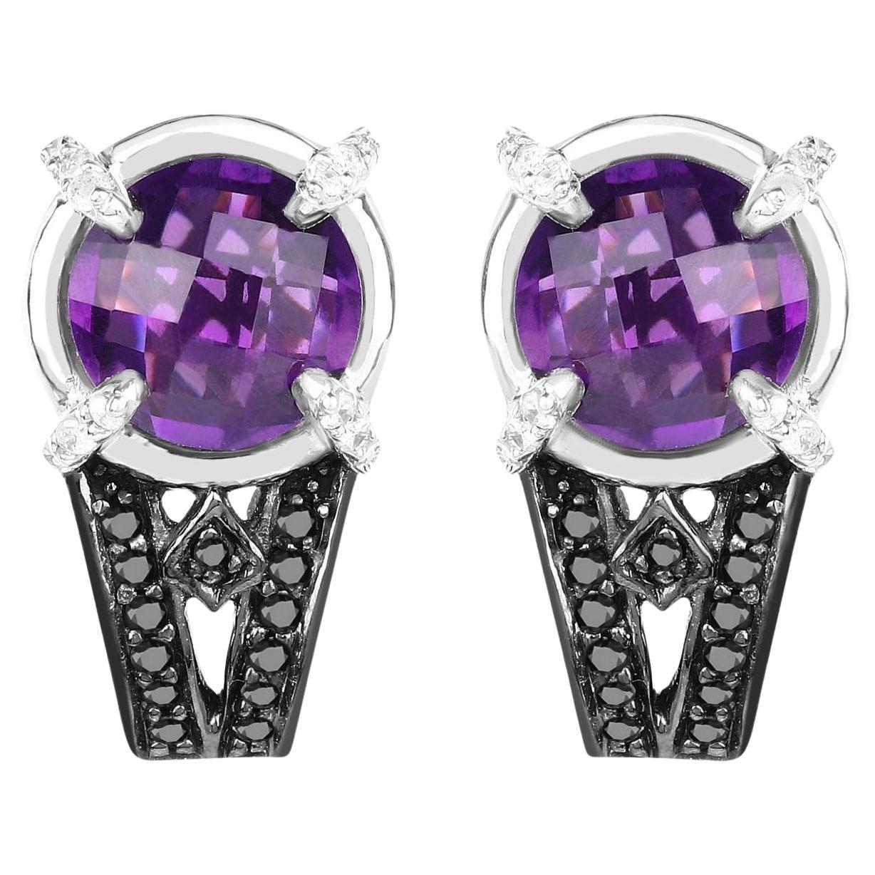 Amethyst Stud Earrings With Black and White Diamonds 3.61 Carats Total