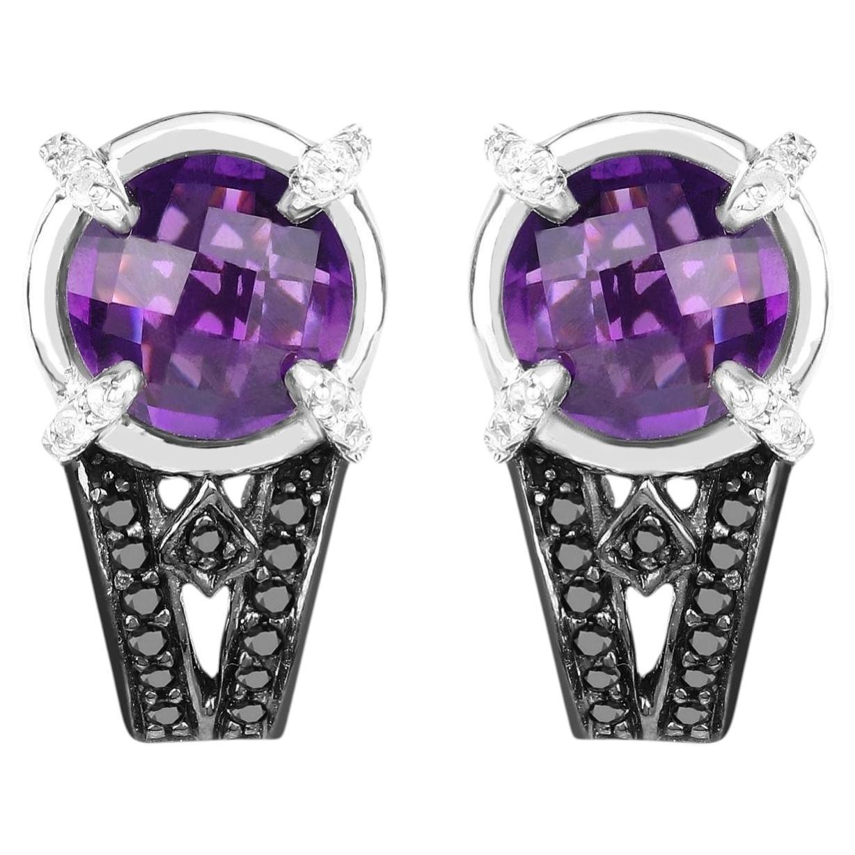 Amethyst Stud Earrings With Black and White Diamonds 3.61 Carats Total