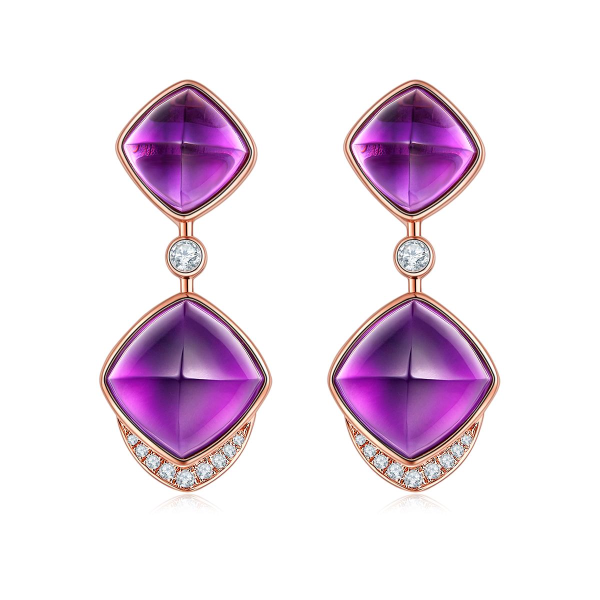 An impressive sugarloaf Amethyst and Diamond earring in 18K Rose Gold. A large sugarloaf Amethyst is suspended below a smaller one connected by a Round Beilliant cut diamond. This configuration allows the earring to swing naturally when the wearer