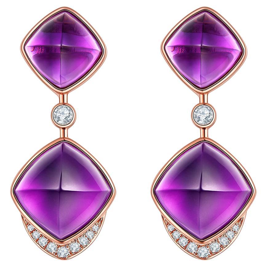 Eostre Amethyst Sugar Loaf and Diamond Earring in 18K Rose Gold For Sale