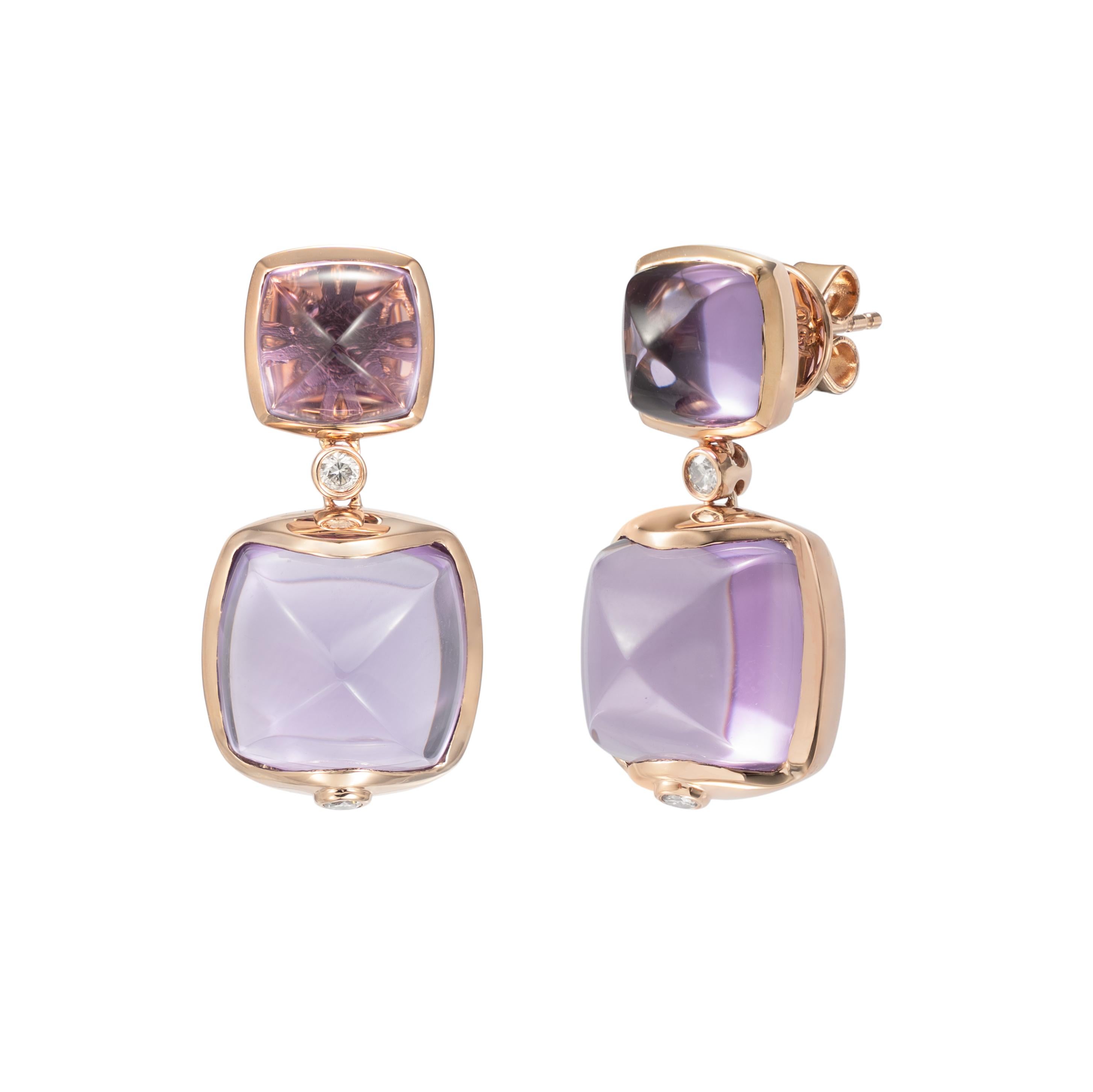 Sweet Sugarloaves! Light and easy to wear these earrings showcase beautiful sugarloaf gemstones accented with a gold frame and diamonds. These earrings are dainty yet have a great pop of color from the vibrant gems.

Amethyst Sugarloaf Earrings with