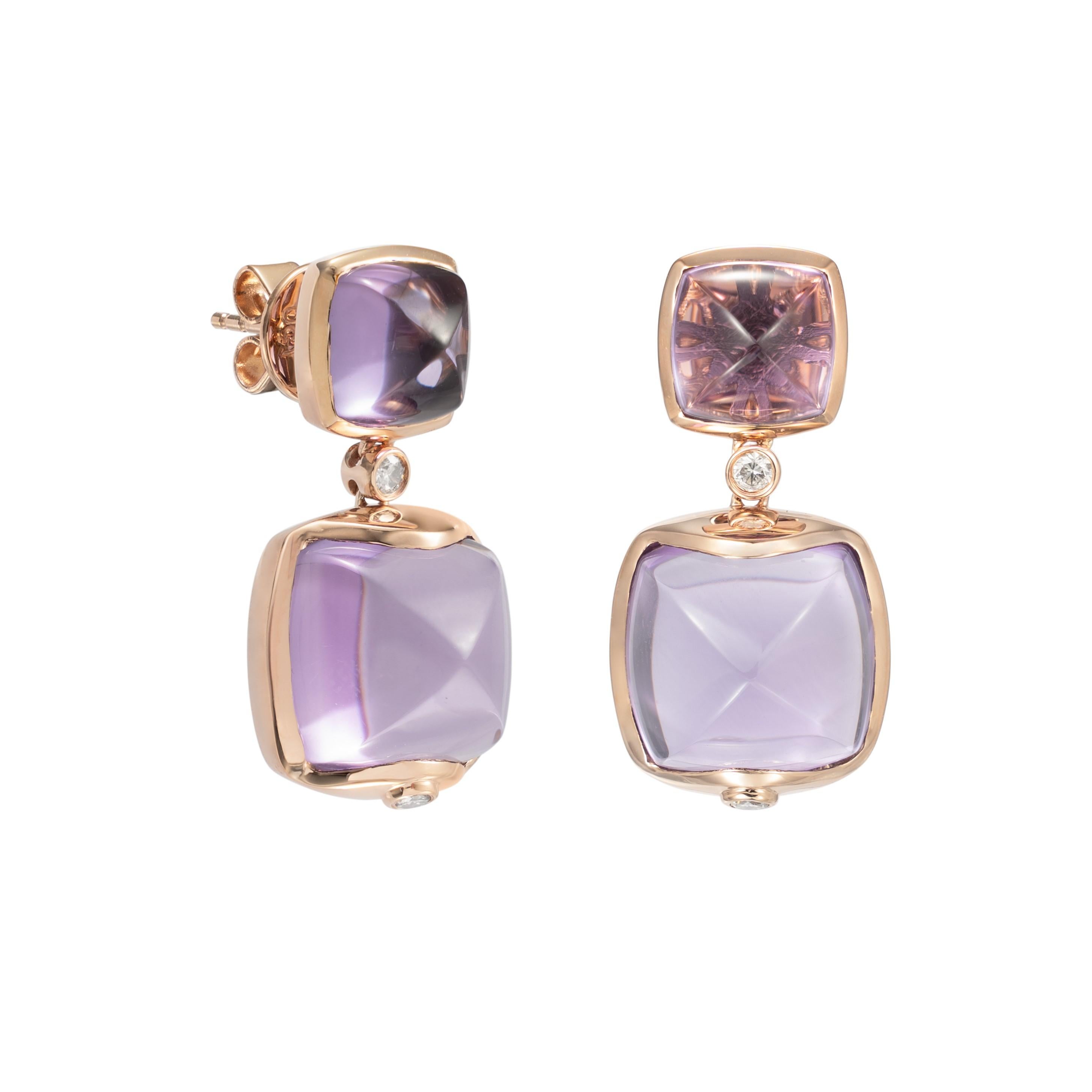 Contemporary Amethyst Sugarloaf Earrings with Diamond in 18 Karat Rose Gold