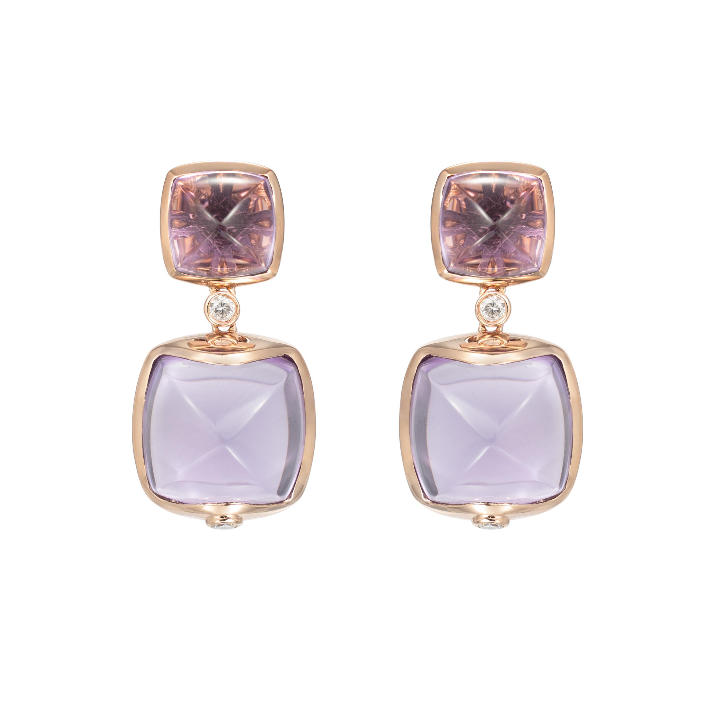 Sugarloaf Cabochon Amethyst Sugarloaf Earrings with Diamond in 18 Karat Rose Gold