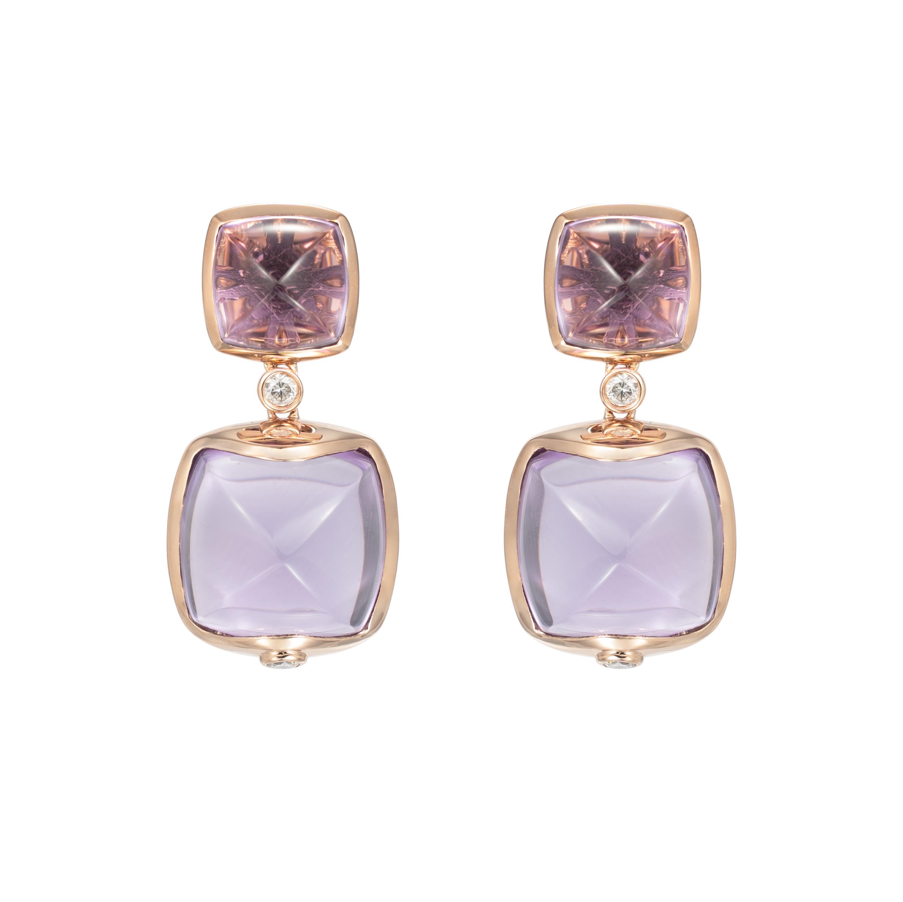 Sugarloaf Cabochon Amethyst Sugarloaf Earrings with Diamond in 18 Karat Rose Gold