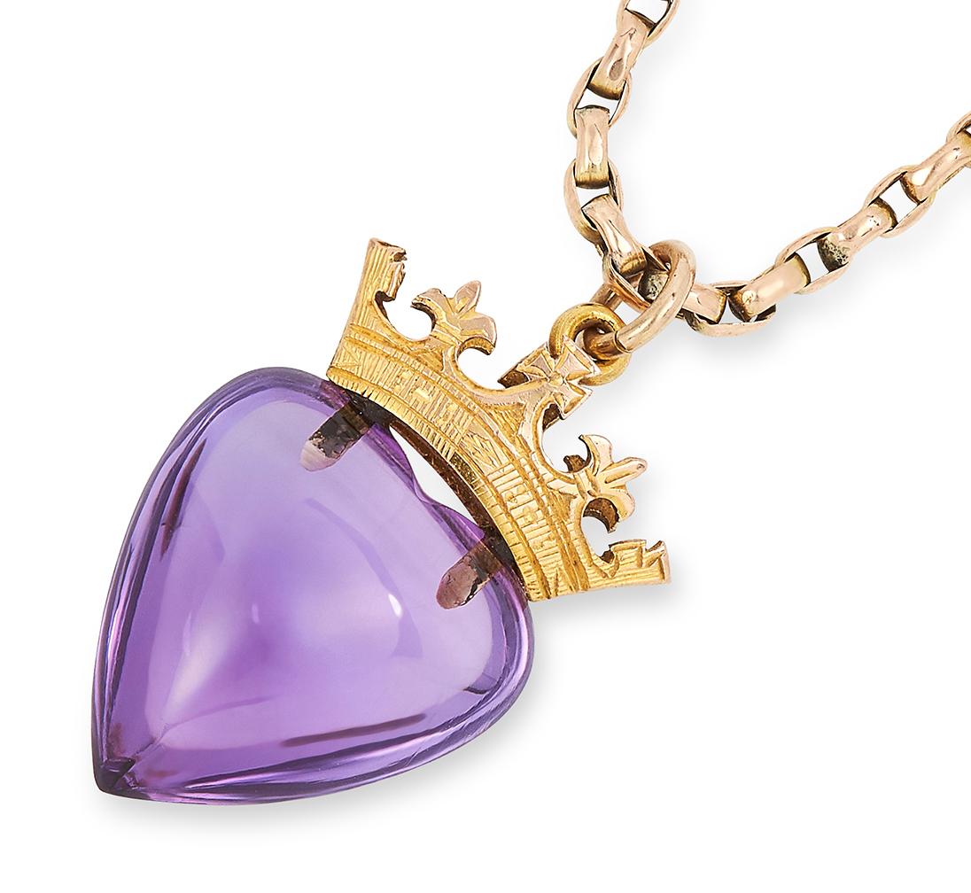 set with a polished, heart shaped amethyst surmounted by a crown, on a belcher link chain, pendant 2.9cm, chain 45.0cm, 8.9g.