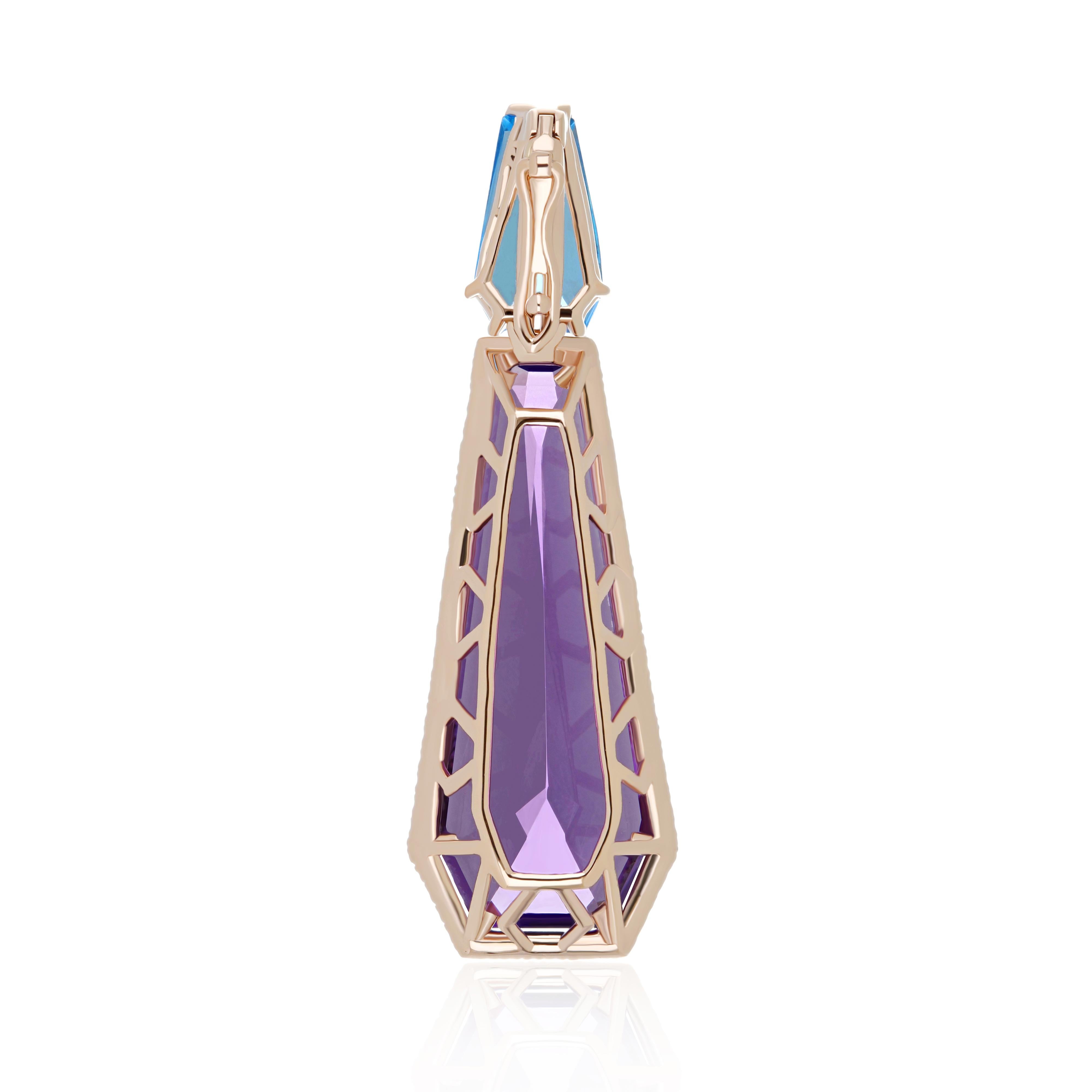 Mixed Cut Amethyst, Swiss Blue Topaz and Diamond 14K Rose Gold Drop Pendant For Sale