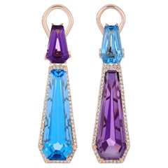 Amethyst, Swiss Blue Topaz and Diamond Studded Earrings in 14 Karat Rose Gold