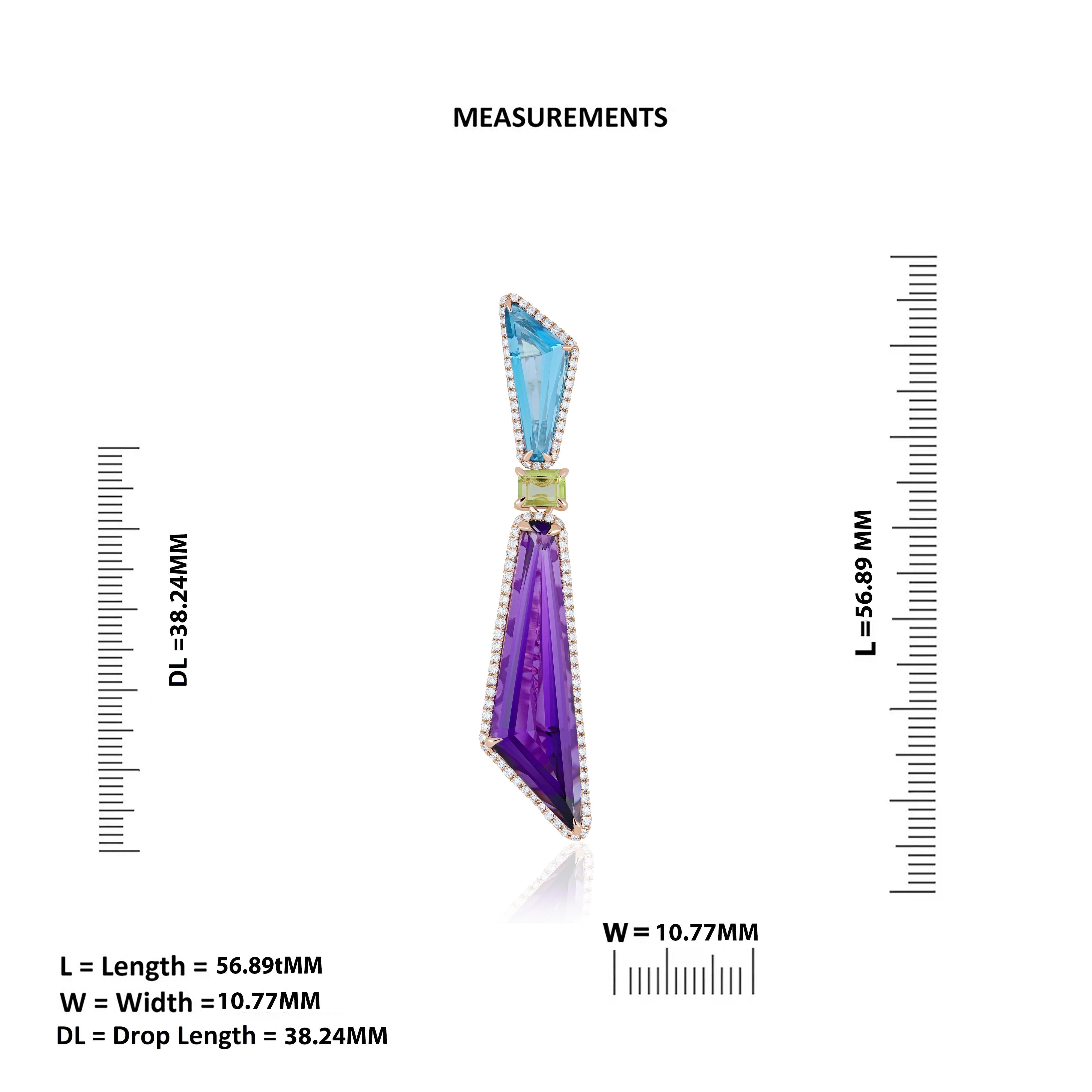 Colgante de amatista, topacio azul suizo, peridoto y diamante de oro rosa de 14k en venta 2