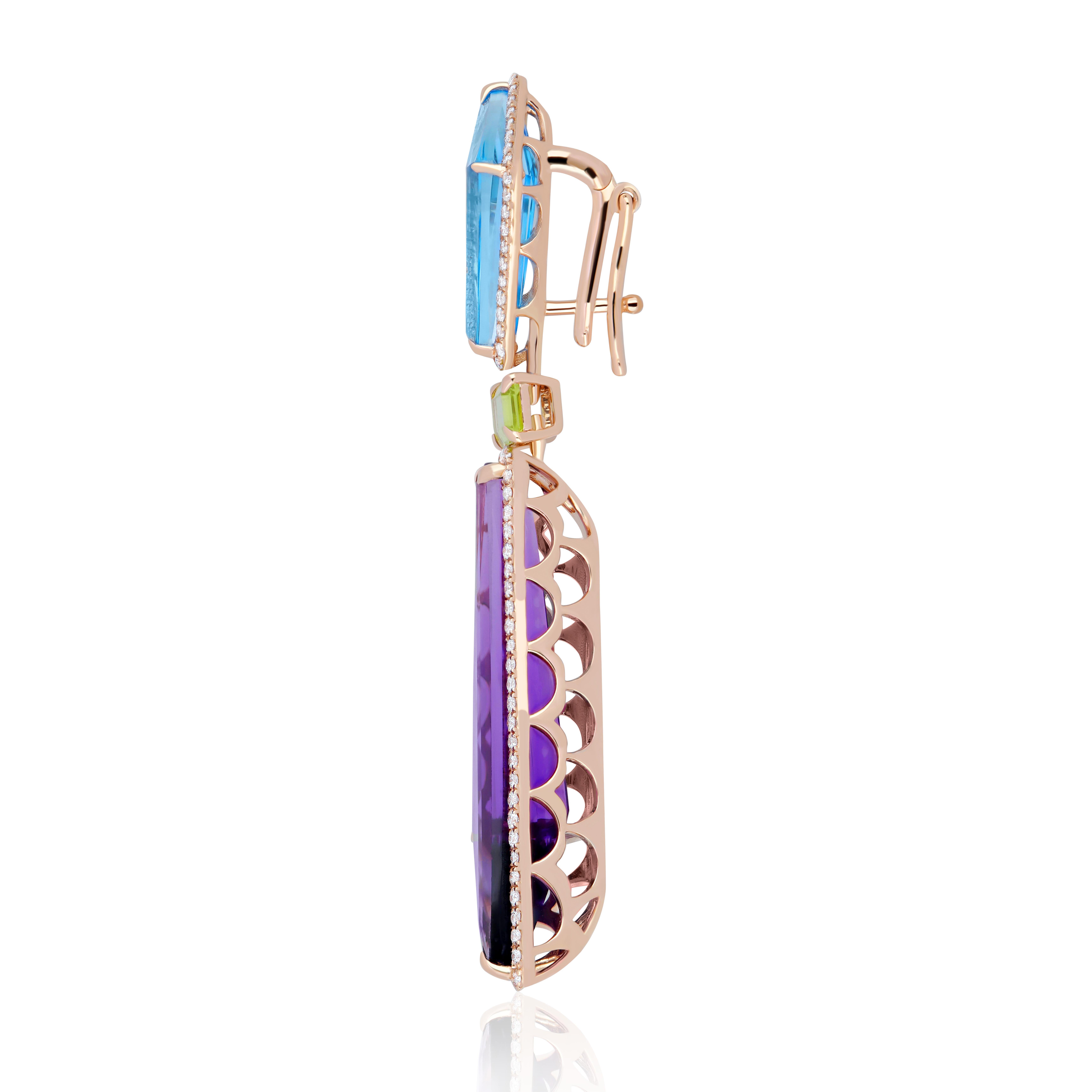 Colgante de amatista, topacio azul suizo, peridoto y diamante de oro rosa de 14k en venta 1