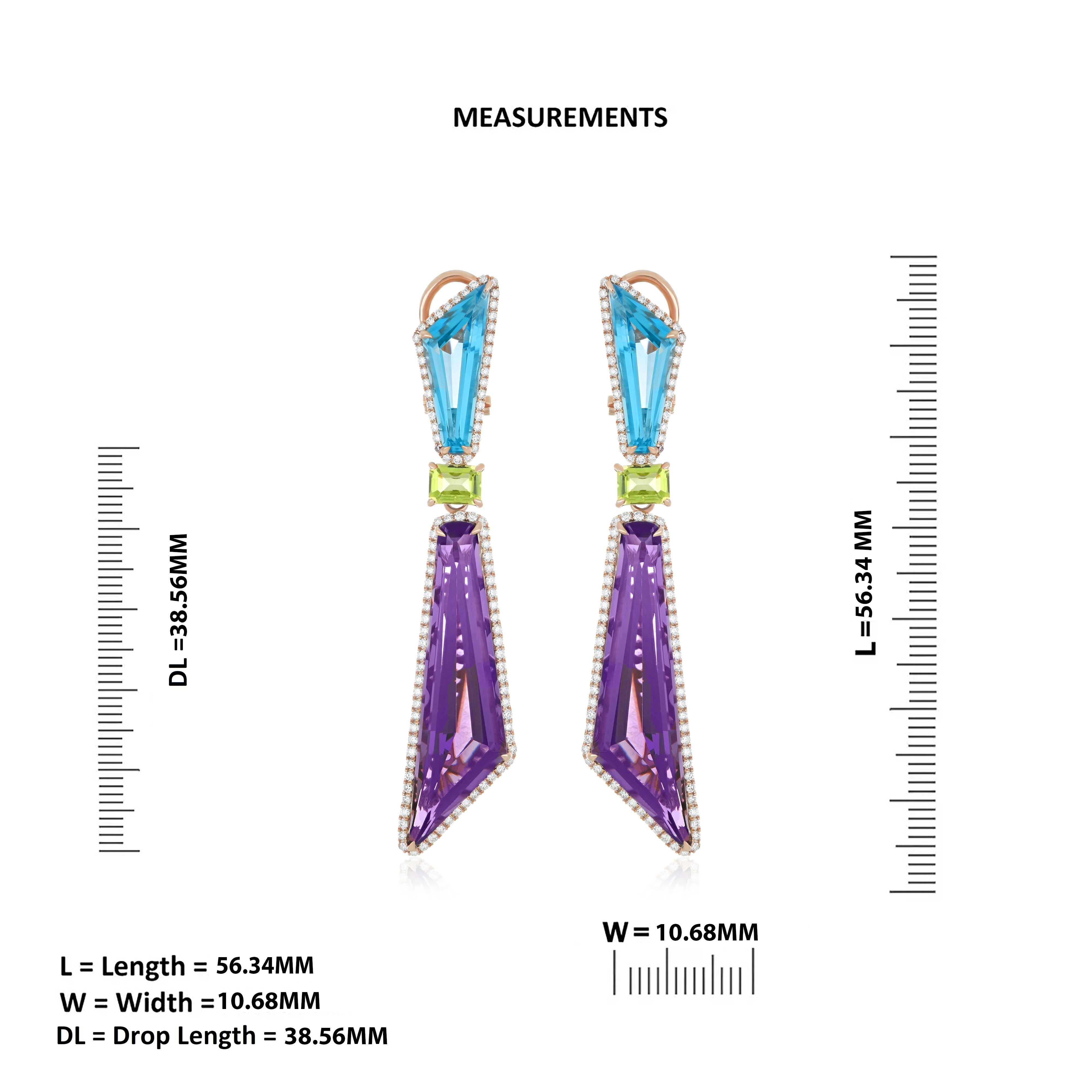 Women's Amethyst, Swiss Blue Topaz, Peridot and Diamond Set 14k Rose Gold Earring For Sale