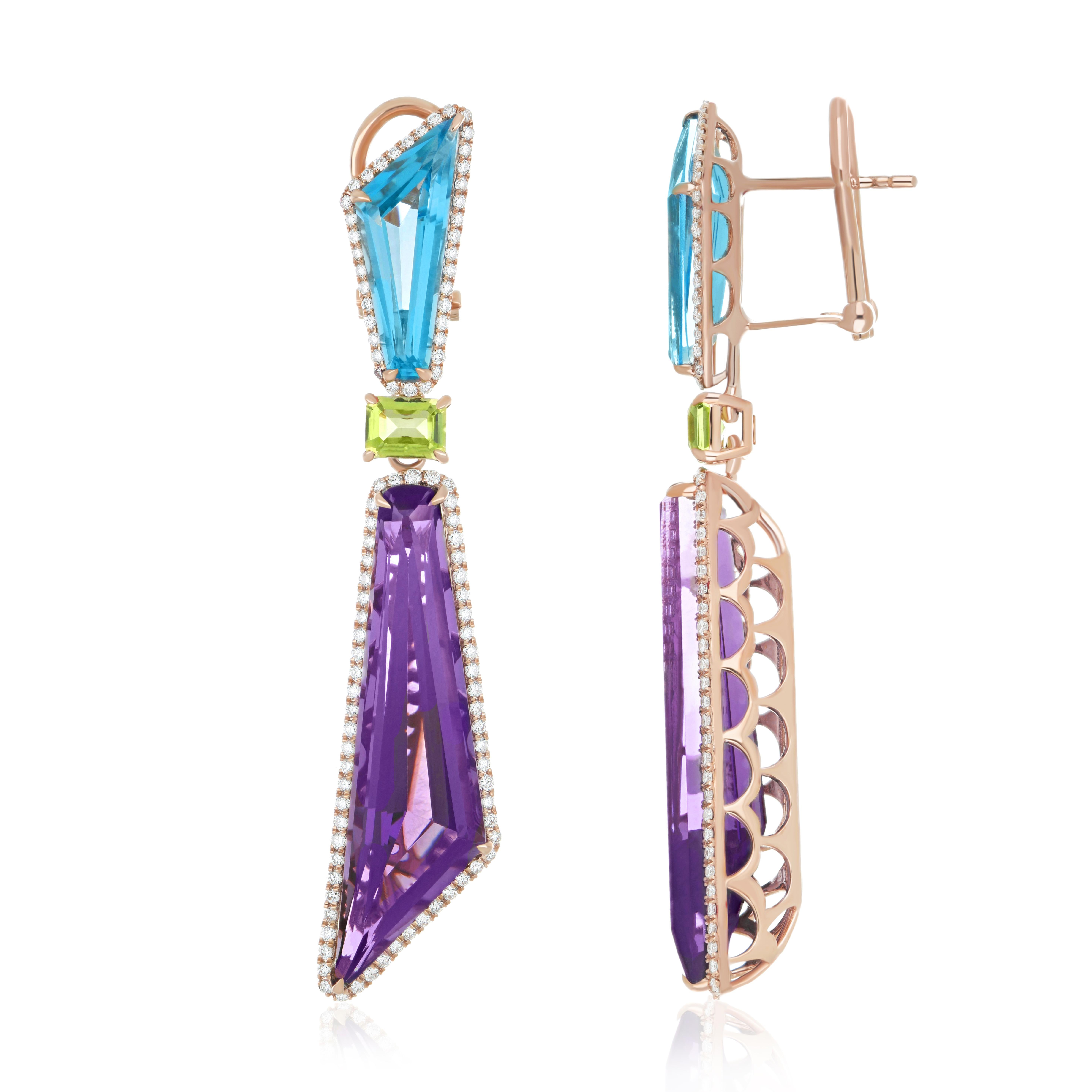 Amethyst, Swiss Blue Topaz, Peridot and Diamond Set 14k Rose Gold Earring For Sale 2