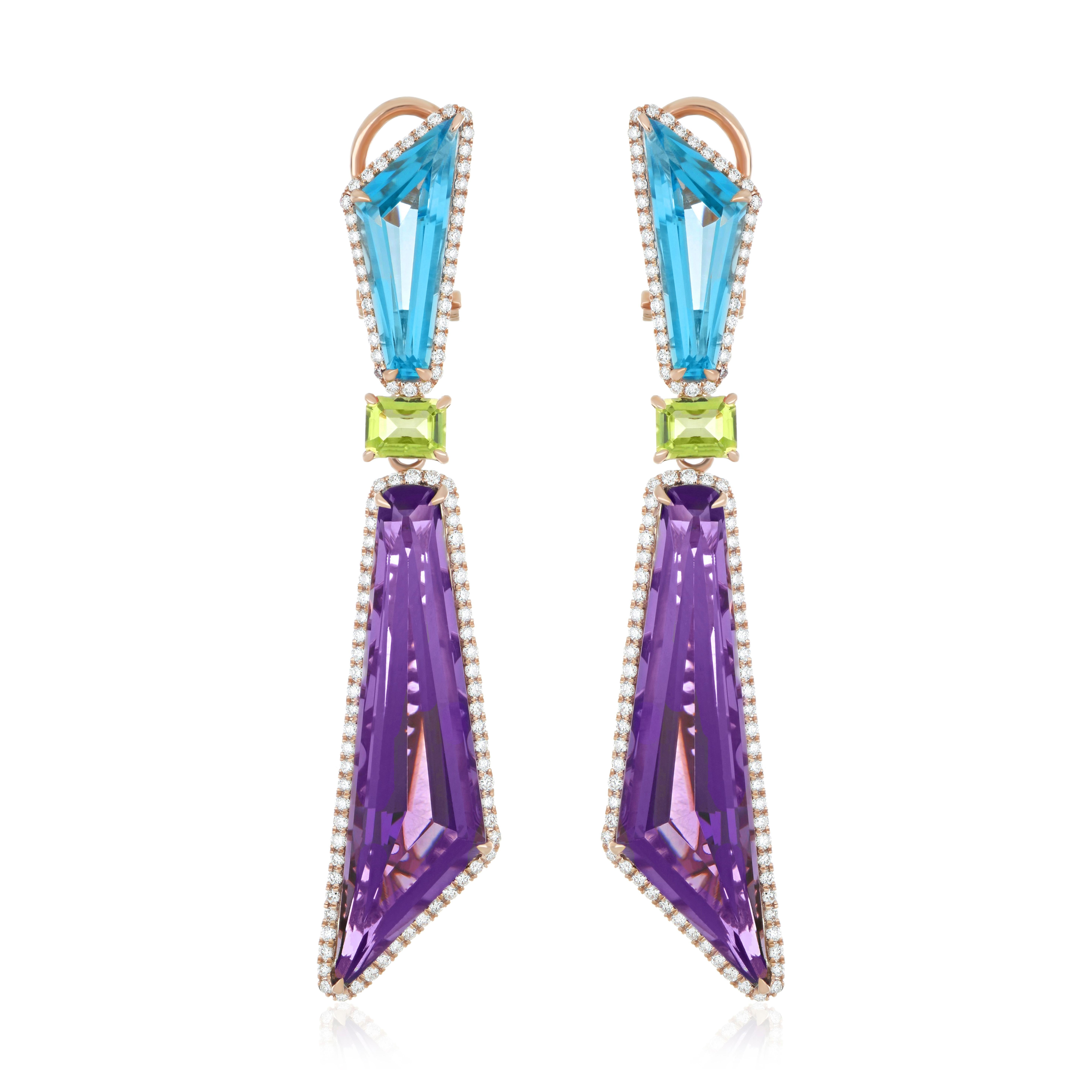 Amethyst, Swiss Blue Topaz, Peridot and Diamond Set 14k Rose Gold Earring For Sale 3