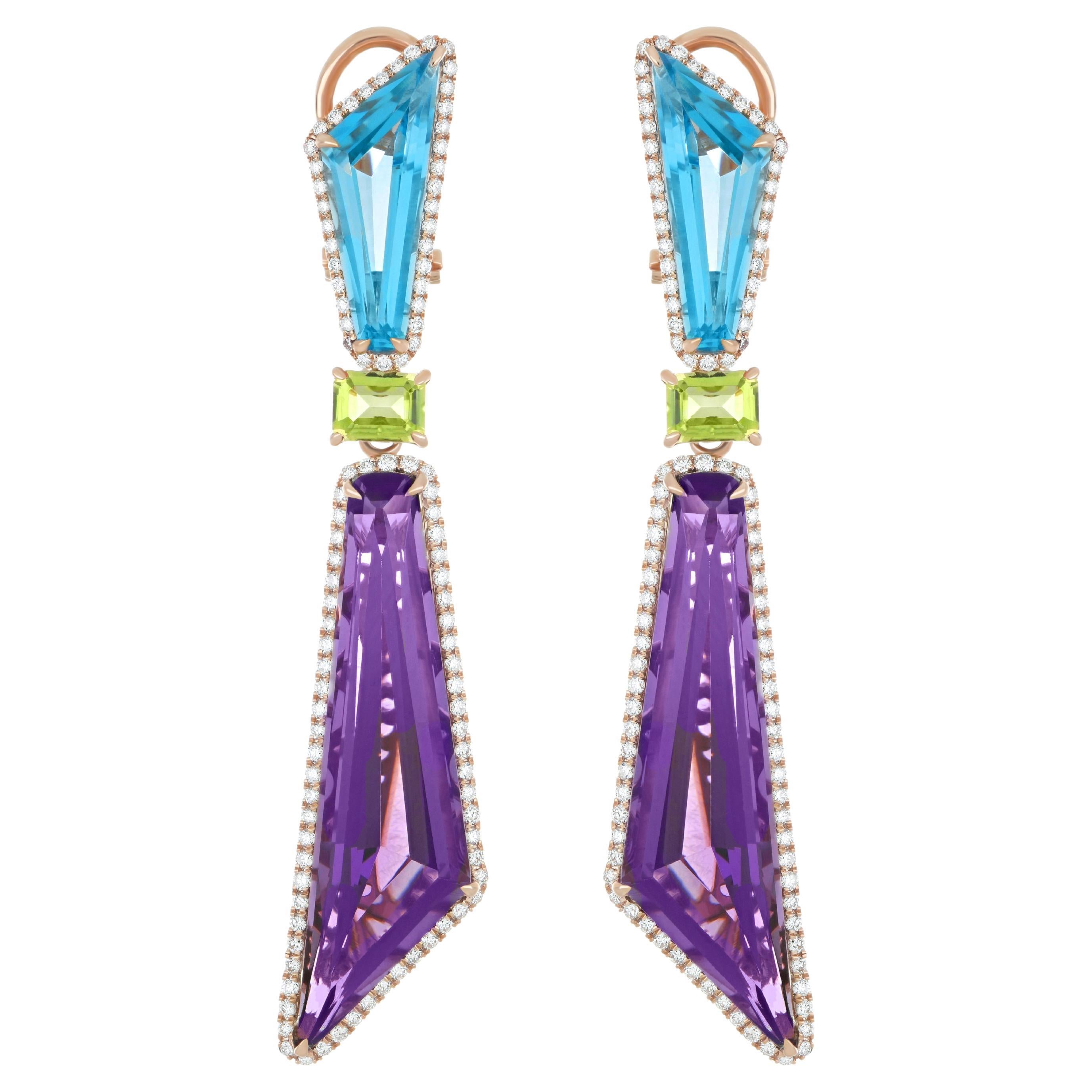 Amethyst, Swiss Blue Topaz, Peridot and Diamond Set 14k Rose Gold Earring For Sale