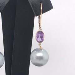 Amethyst Tahitian Pearl Drop Earrings 14 Karat Yellow Gold