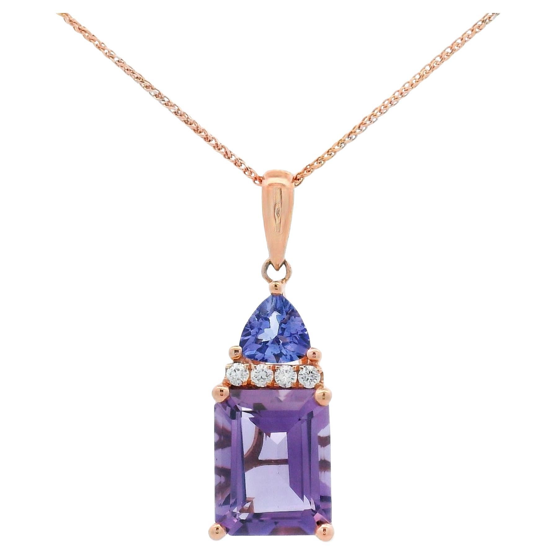 Amethyst, Tanzanite and Diamond Pendant in 14K Rose Gold, 18 Inch