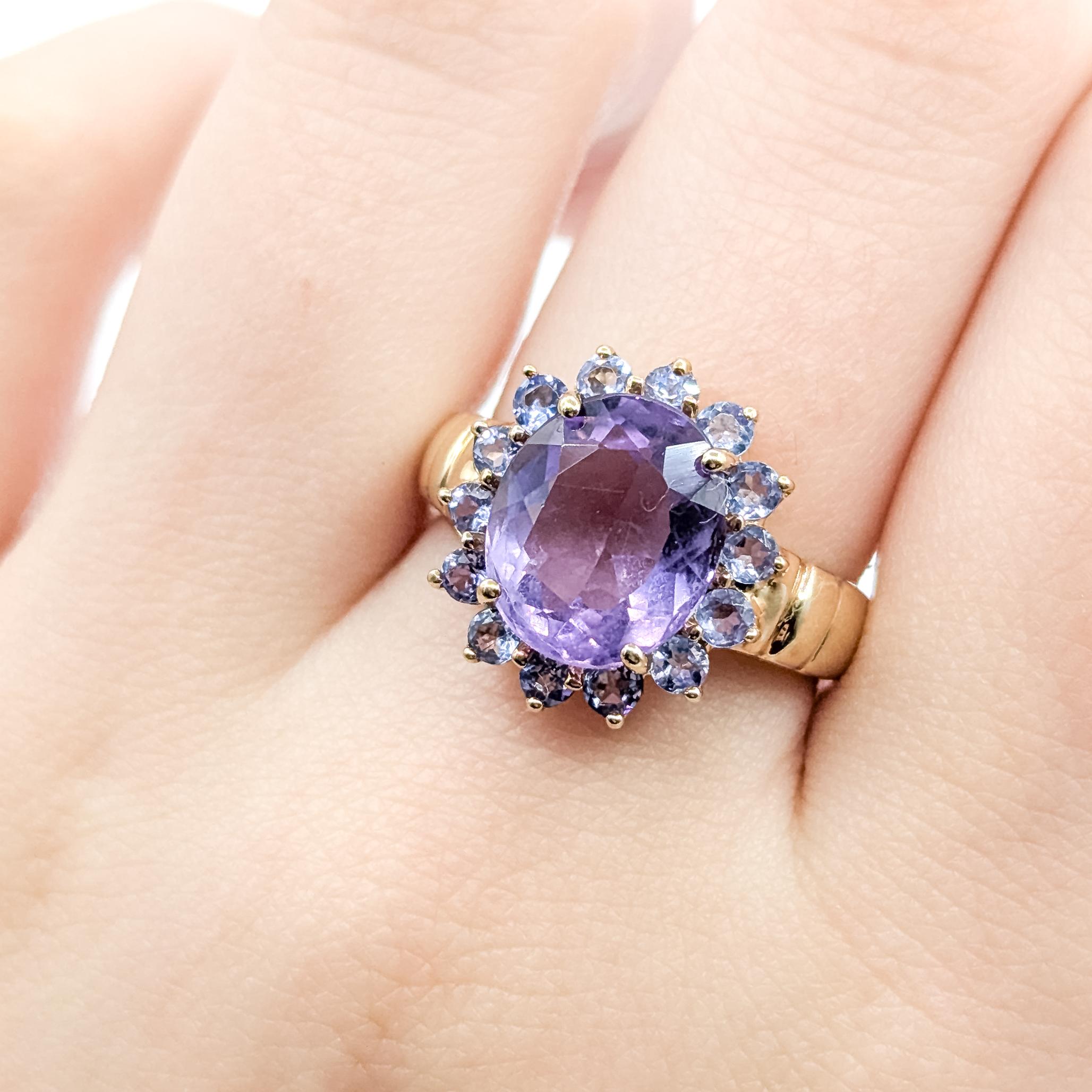 Bague cocktail en or jaune 10k avec améthyste et tanzanite Excellent état - En vente à Bloomington, MN