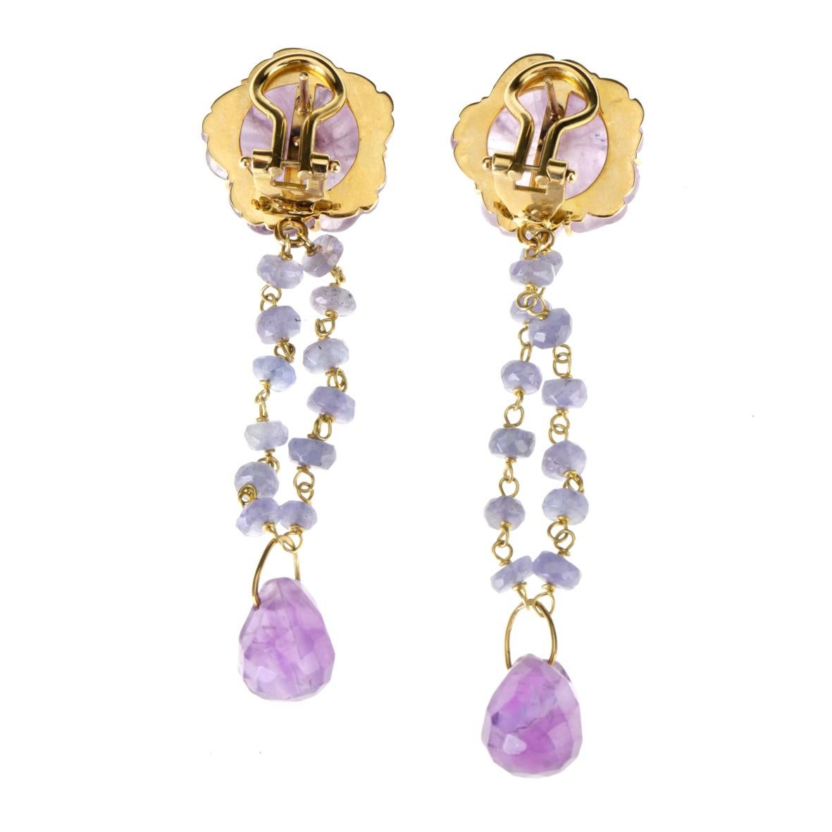 Artisan Amethyst Tanzanite Gold Spring Blossom Earring For Sale
