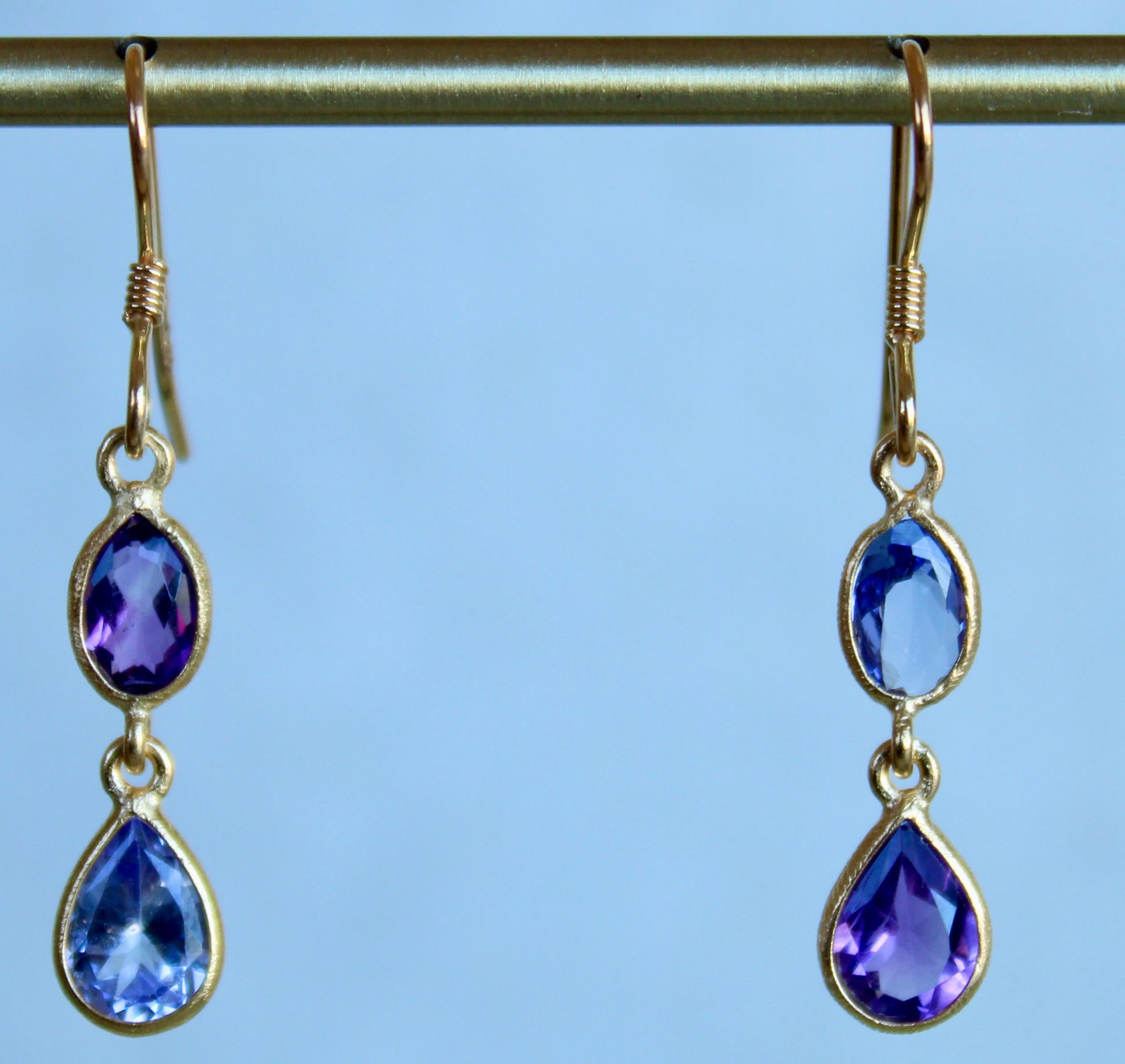 Modern Amethyst & Tanzanite Two Stone Asymmetrical 14K Gold French Wire Dangle Earrings For Sale