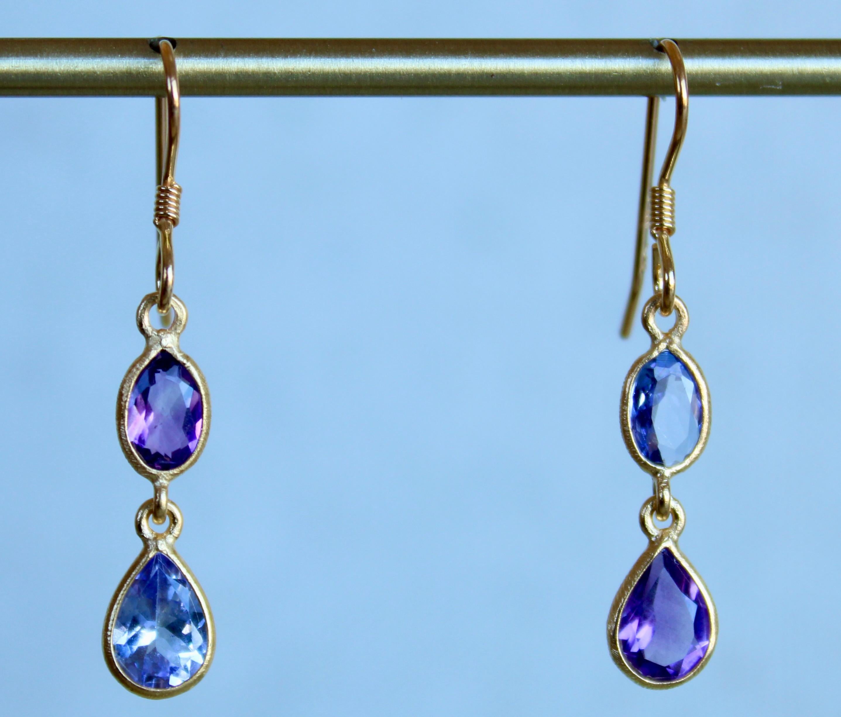 Women's Amethyst & Tanzanite Two Stone Asymmetrical 14K Gold French Wire Dangle Earrings For Sale