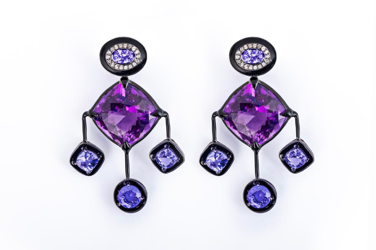 Amethyst, Tanzanite, White Round Mm White Diamond And Black Enamel Pinwheel Earrings / 18k

Rhodium Plated Gold
Cushion Amethyst 35.69 Ct 
Tanzanite 7.36 Ct
