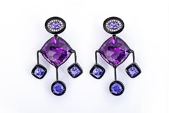 Amethyst, Tanzanite, White Round Mm White Diamond And Black Enamel ... Earrings