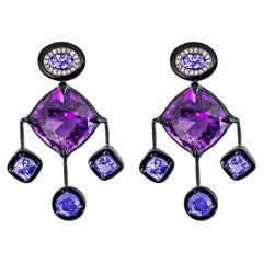 Amethyst, Tanzanite, White Round Mm White Diamond And Black Enamel ... Earrings