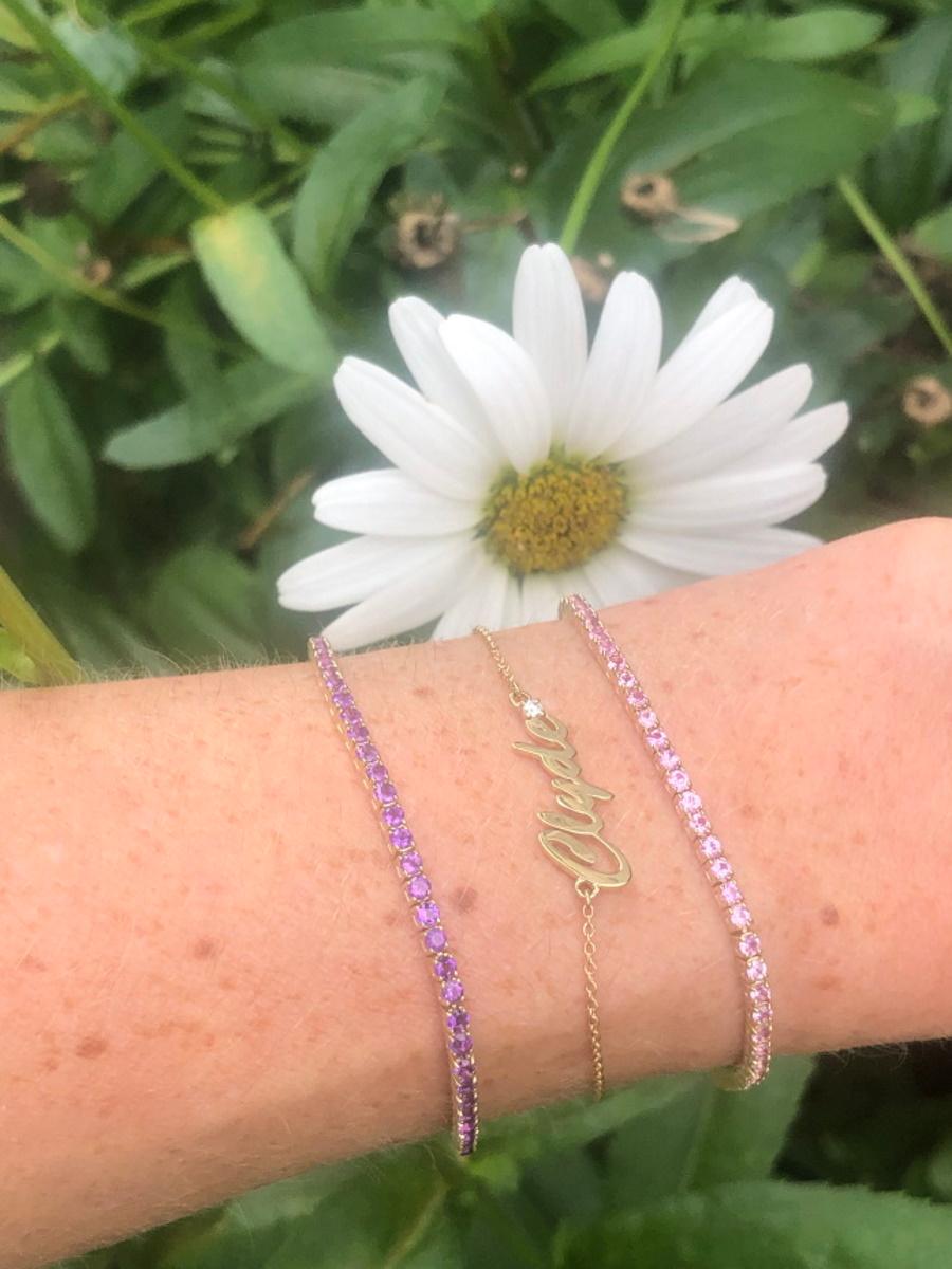 This stunning piece is crafted with 1.9mm amethysts, each carefully selected for their unique color. The bracelet measures 6.5