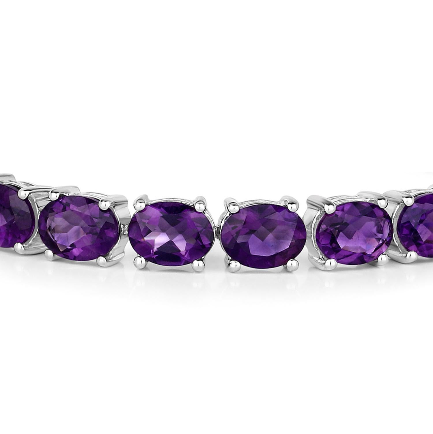 Oval Cut Amethyst Tennis Bracelet 23.10 Carats Rhodium Plated Sterling Silver For Sale