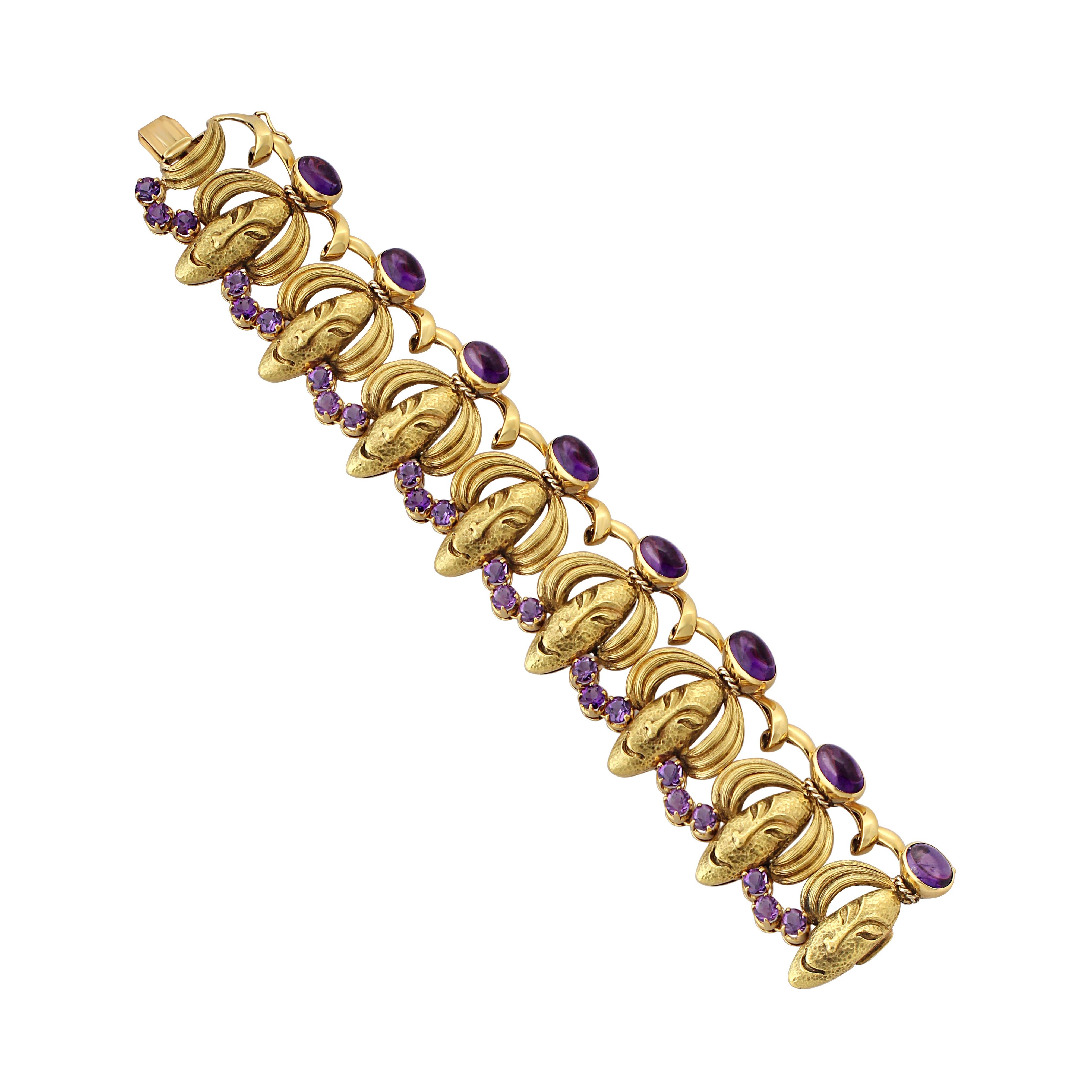 Amethyst & Textured Gold Face Motif Bracelet In Good Condition In London, GB