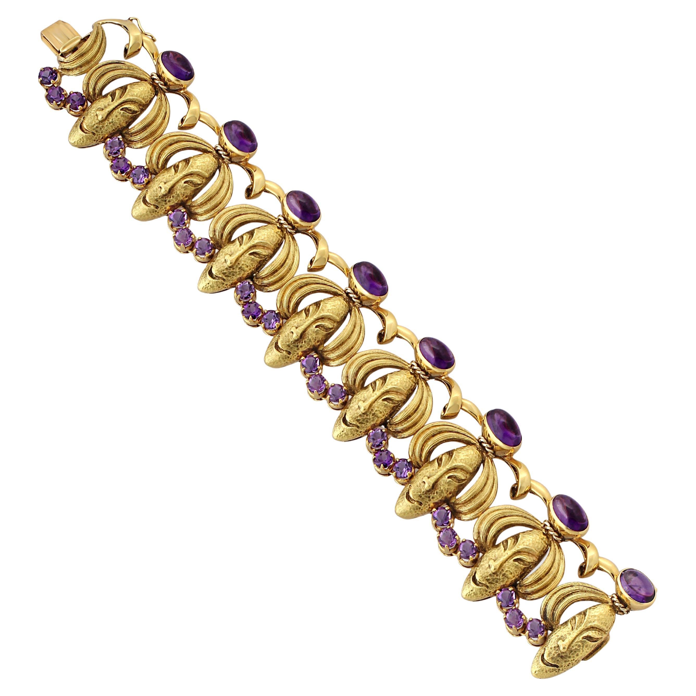 Amethyst & Textured Gold Face Motif Bracelet