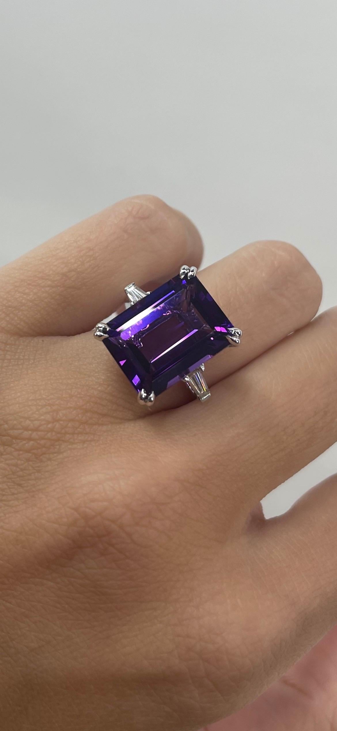 Amethyst Three Stone Diamond Ring 10.93 Carats 14 Karat White Gold 4