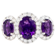 Amethyst Three Stone Ring Diamond Setting 2.48 Carats 18K Gold