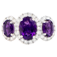 Amethyst Three Stone Ring Diamond Setting 2.48 Carats 18K Gold