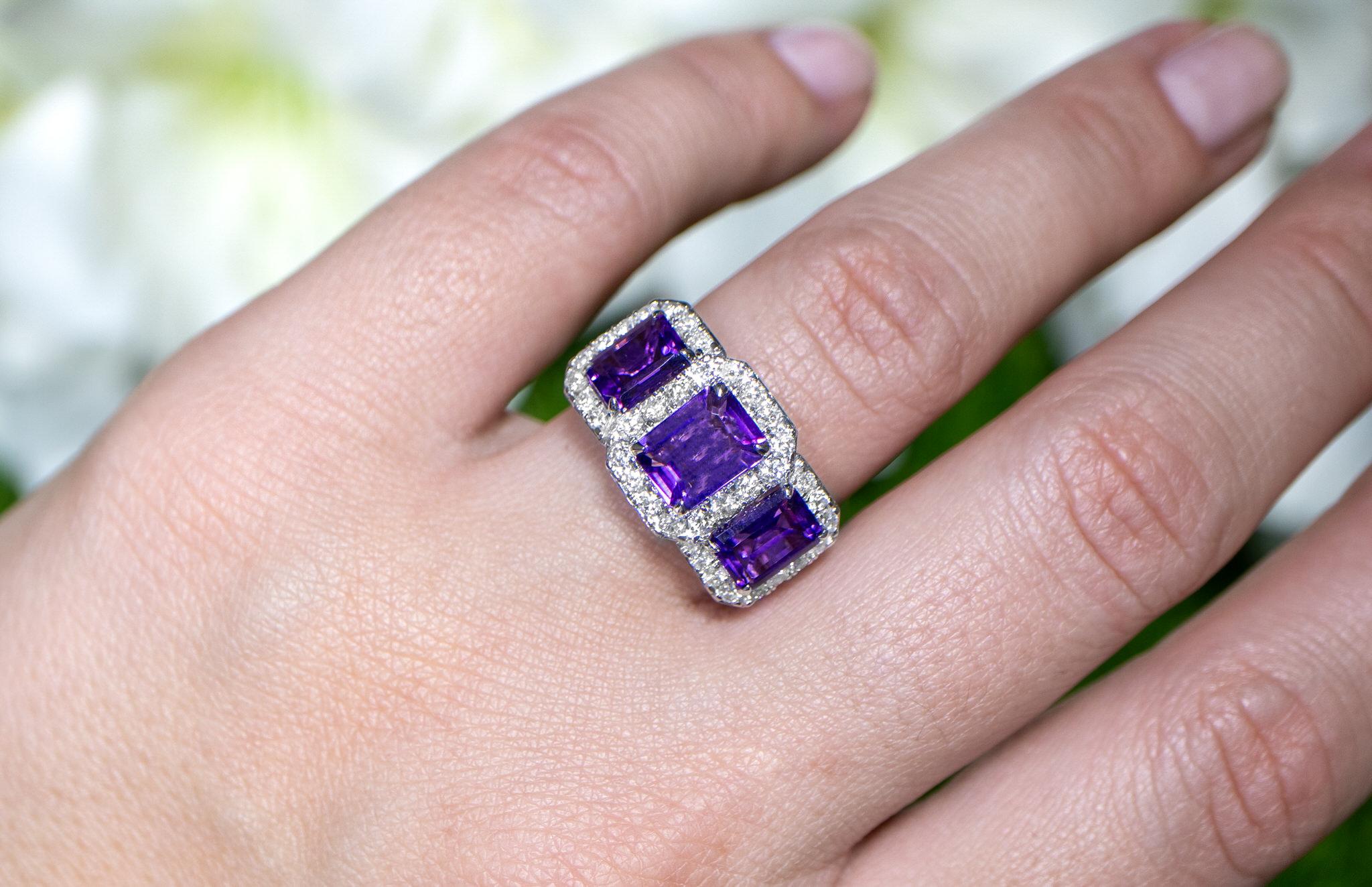It comes with the Gemological Appraisal by GIA GG/AJP
All Gemstones are Natural
Amethysts = 3.13 Carats
Diamonds = 0.79 Carats
Metal: 18K White Gold
Ring Size: 6.5* US
*It can be resized complimentary